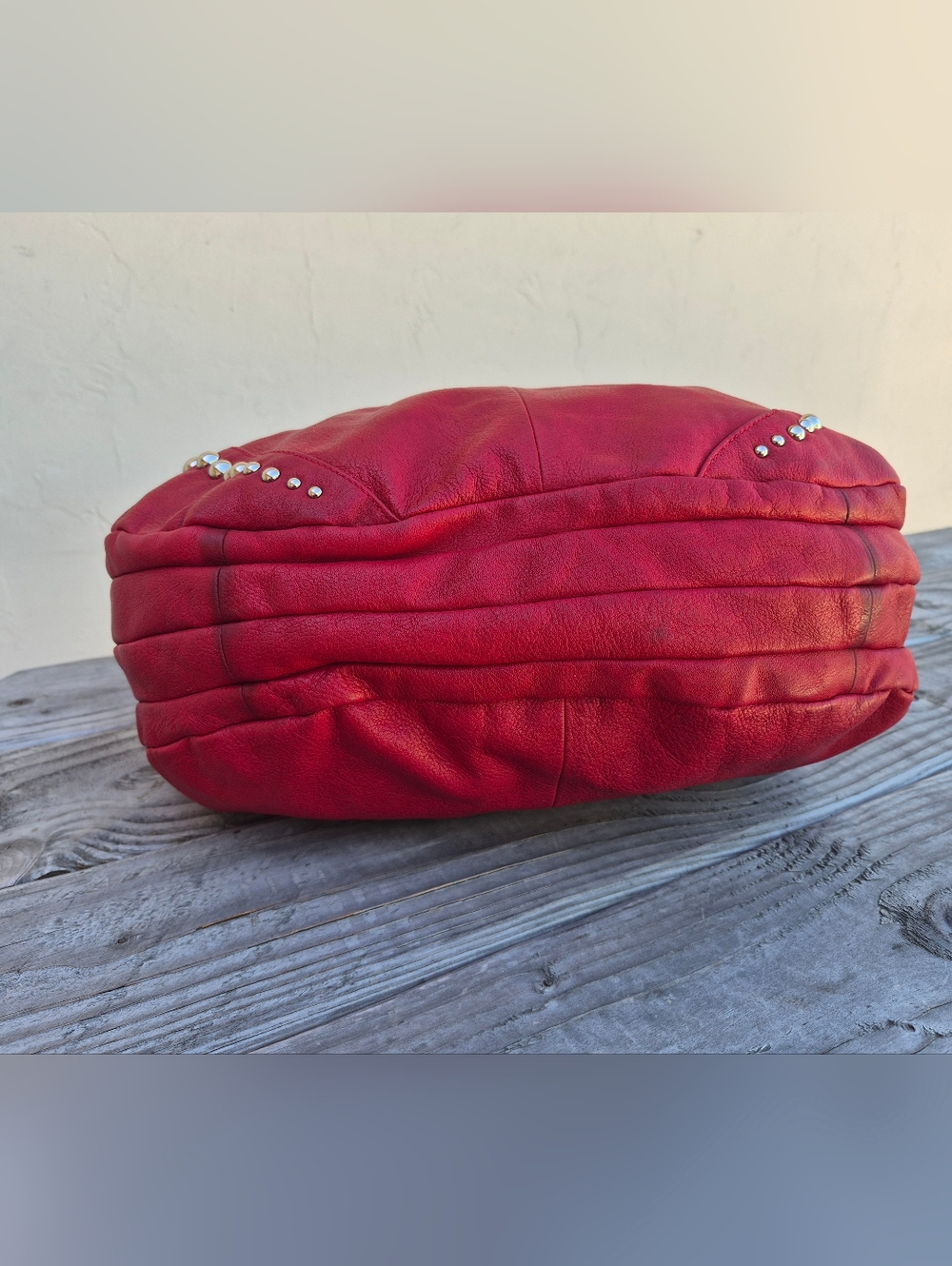 B. Makowsky Vintage Leather Studded Red Hobo Shoulder Bag - Picture 11 of 16